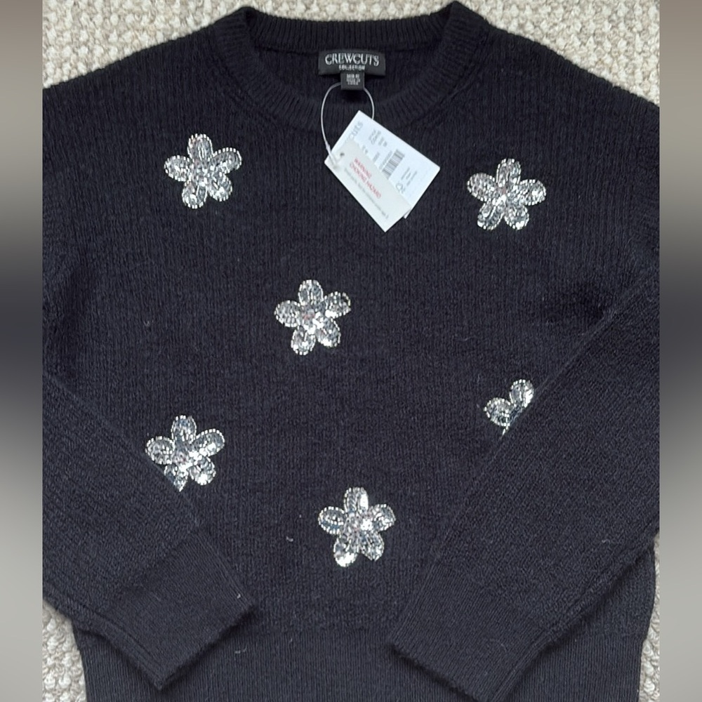 Crewcuts Embellished Black Sweater with Silver Floral Design